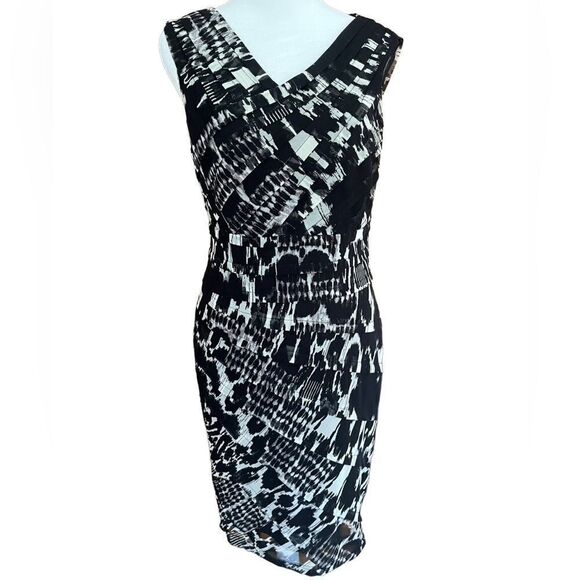 Adrianna Papell black/cream layered net sleeveless v neck dress, lined, size 6. - Picture 1 of 9